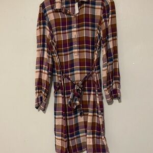 LOFT Checker Plaid Long Sleeve Dress Tartan Shirt Dress - Size M
